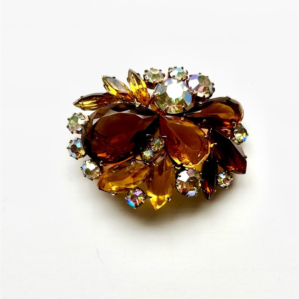 Vintage Austrian Rhinestone Amber and Topaz Brooch